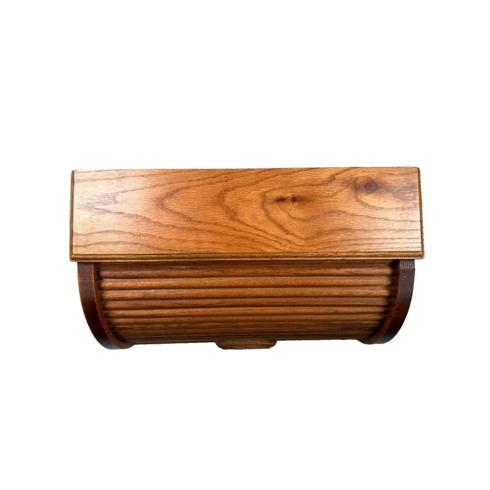Vintage Solid Oak Roll Top Bread Box Tambour Door Farmhouse Kitchen Storage